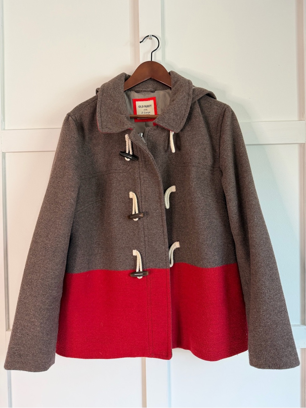 Old Navy Brown and Red Two-Tone Hooded Toggle Pea Coat - XL